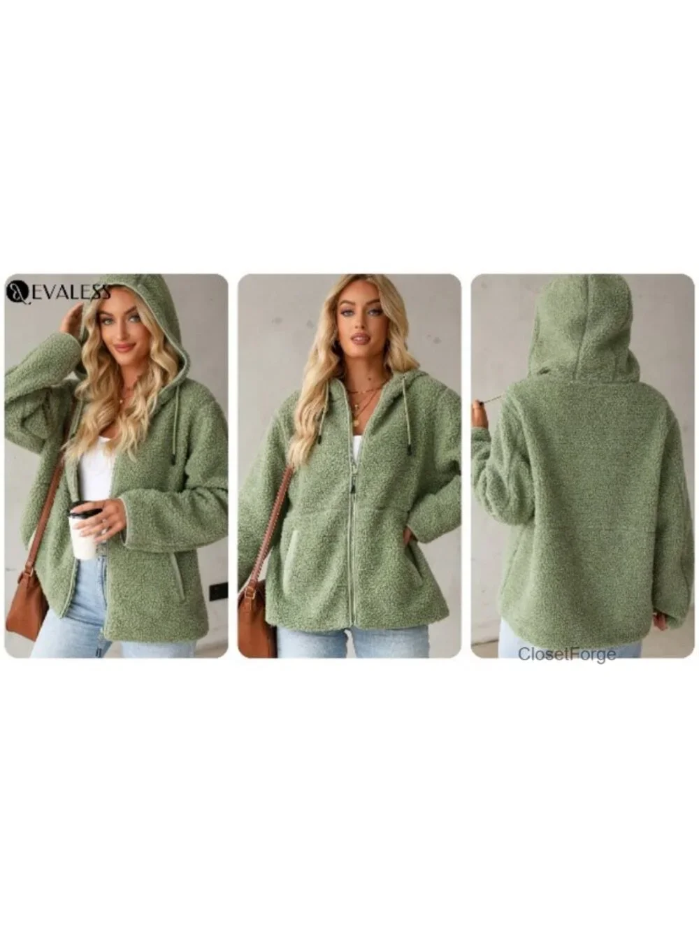 Fleece Jacket Long Sleeve Zip Up Sherpa Coat Fuzzy Hooded with Pockets